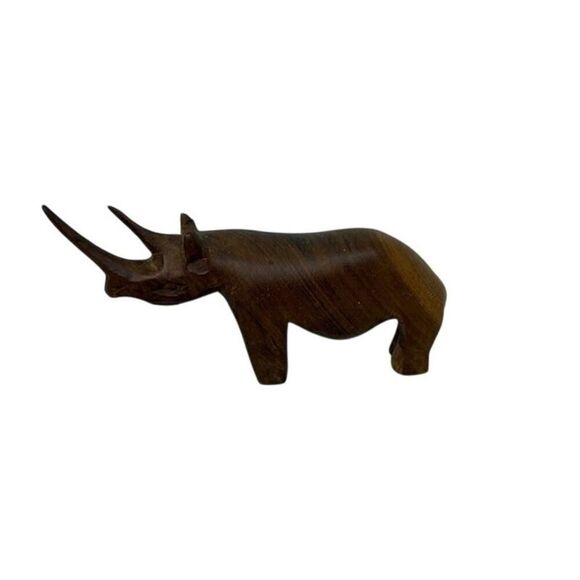 Wooden African Rhinoceros Figurine Hand Carved Solid Wood - Picture 1 of 6
